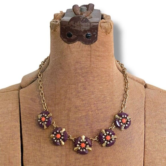 J Crew Statement Necklace Purple Coral Gold Rhinestone Crystal Cluster Retro 18" - Picture 8 of 13